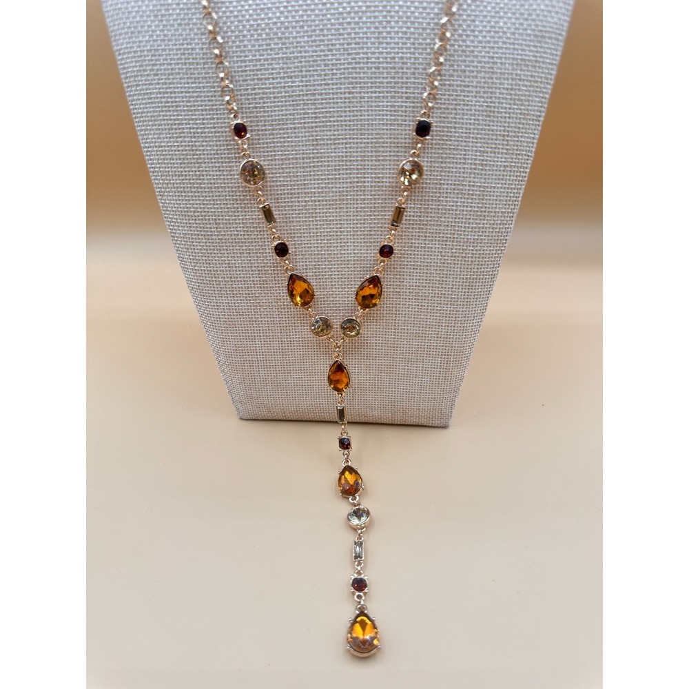 The Limited Amber & Gold Tone Crystal Y Drop Necklace Statement Holiday Glam Y2K